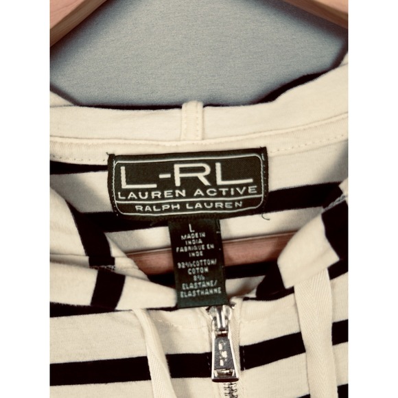 Lauren Ralph Lauren Active Women's 1/4 Zip Hoodie Cotton White/Navy Stripe - Picture 3 of 9